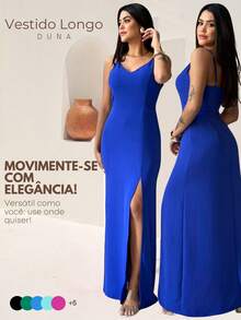 Long Plain Dress With Slit And Adjustable Straps For Wedding Party Bridesmaid Guest - 寶藍色 - 查看 1