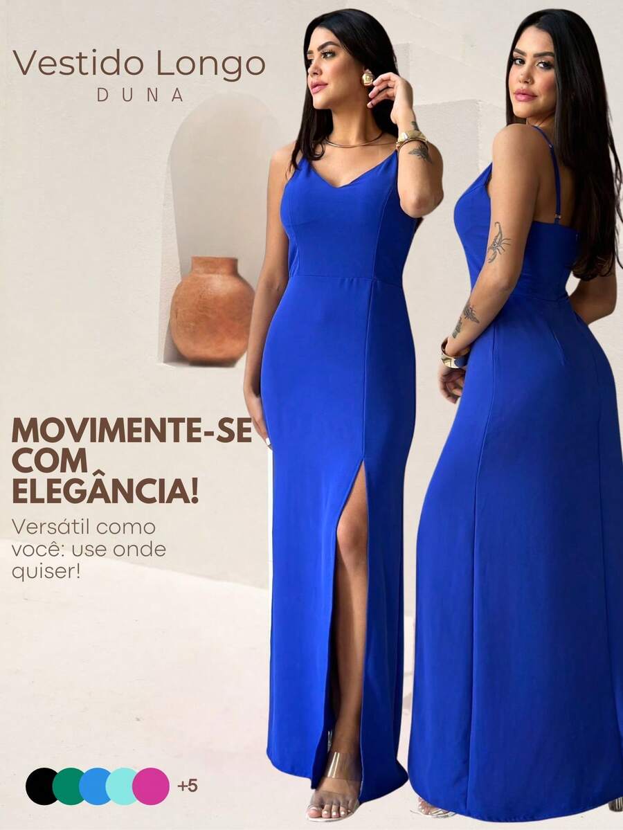 Long Plain Dress With Slit And Adjustable Straps For Wedding Party Bridesmaid Guest - 寶藍色 - 查看 1