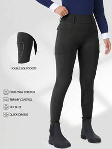 高腰收腹女式马术裤，带口袋，紧身防滑耐磨印花裤，弹力透气骑马紧身裤，适合马术比赛和训练