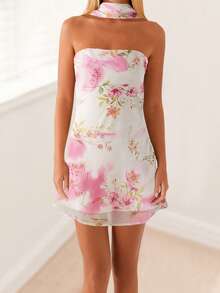 Women Mini Dress, Strapless Backless Flower/Solid Slim Fit Summer Tube Dress Clubwear With Scarf - 白色 - 查看 2