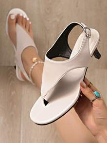 Women's French Style Leather Toe Ring High Heel Sandals With Lace-Up Ankle Strap And Wood Grain Heel