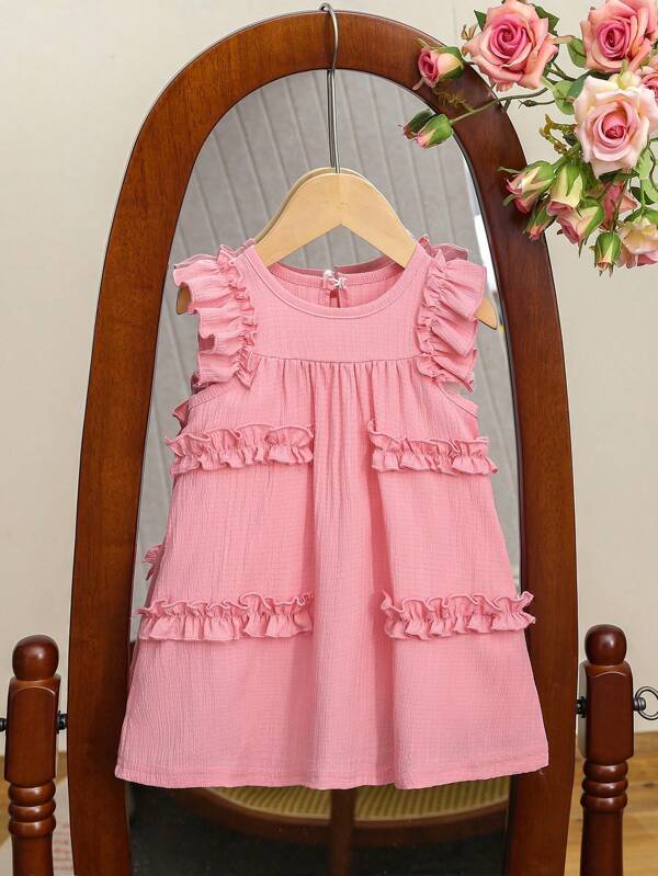 Baby Girl Sleeveless Ruffled Hem Multi-Layer Round Neck Party Dress, Summer