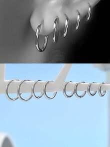 4对装 8/10/12/14mm 低过敏银色耳环套装 - 粗/细/扭纹耳环，适合耳软骨/耳垂穿孔 | 可叠戴首饰礼盒，适合敏感耳 - 銀色 - 查看 13