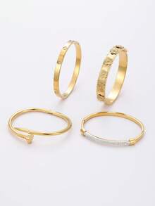 4件套18K镀金不锈钢手镯，时尚闪亮立方氧化锆花朵和四叶草镶嵌设计，适合日常佩戴、休闲、派对、节日、生日、婚礼、情人节、友谊礼物、送给妈妈、母亲、母亲节礼物、圣诞节礼物、冬季圣诞礼物。 - 金色 - 查看 7