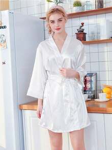 1pc Women Bride Morning Robe, Spring Summer Wedding Sleepwear, Bridal Satin Robe, Sexy Loungewear Back To School - White - View 1
