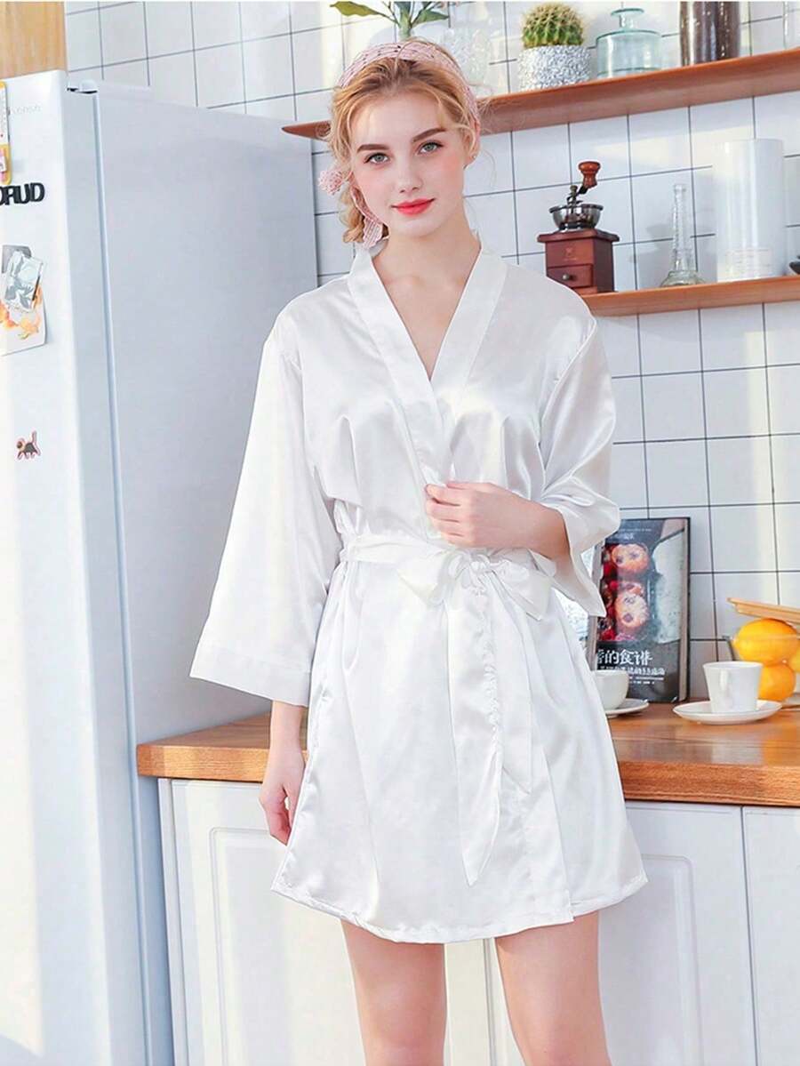 1pc Women Bride Morning Robe, Spring Summer Wedding Sleepwear, Bridal Satin Robe, Sexy Loungewear Back To School - White - View 1