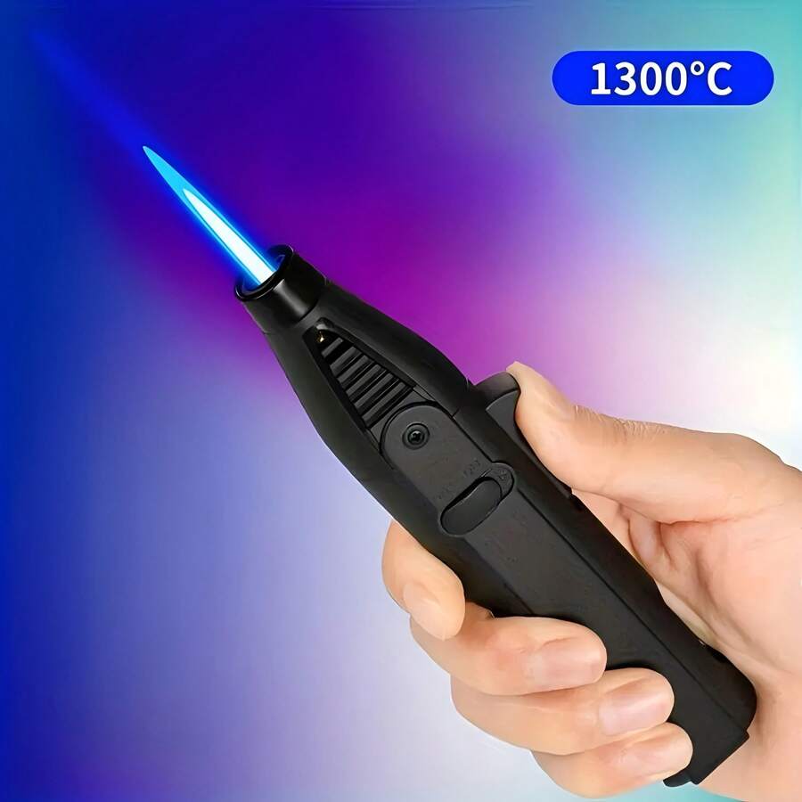 1 encendedor de antorcha de 1300°, llama azul con cierre de seguridad, encendedor de llama brillante, recargable a gas butano, resistente al viento, con llama de chorro fría, apto para velas, barbacoas, estufas de pared, regalo de camping (no incluye gas butano)