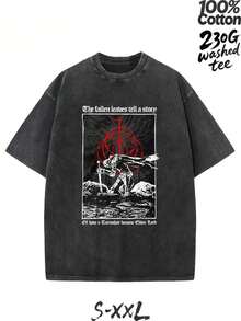 230G Washed Pure Cotton T - Shirt, Men'S Casual Fashion, With "Elden Ring" Game Element Print, Outdoor Sports T - Shirt |   Loose Fit |   Soft Knitted T - Shirt - 黑色 - 查看 1