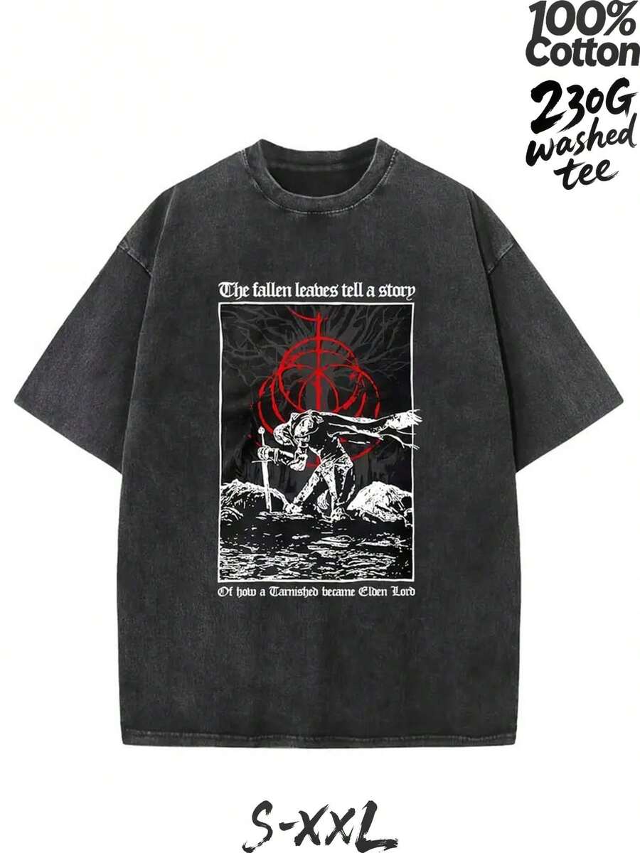 230G Washed Pure Cotton T - Shirt, Men'S Casual Fashion, With "Elden Ring" Game Element Print, Outdoor Sports T - Shirt |   Loose Fit |   Soft Knitted T - Shirt - 黑色 - 查看 1