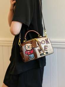 Vintage Bear Print Multi-Functional Boston Handbag, Large Capacity Shoulder Tote Bag - Brown - View 4