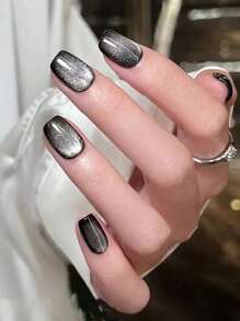 24PCS Short Square Press On Nails Creative Translucent Cat Eye Design Fake Nails Full Coverage Fake Nail Kit Office Daily Wear False Nails For Women And Girls With Nail File And Jelly Gel 1 Piece Nail Supplies