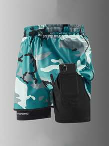 1 Stück Herren Sommer Camouflage Muster Eisseide atmungsaktive schnell trocknende schweißabsorbierende Sportshorts, 2-in-1