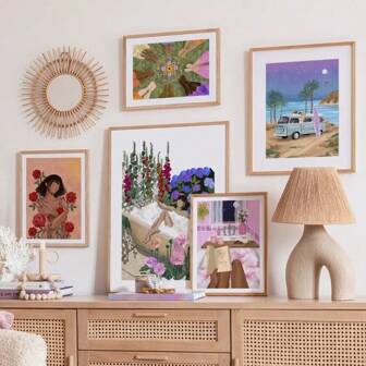 1 pieza Pintura en lienzo con arte de pared de una niña colorida con flor, playa, coche, como regalo de decoración para hotel, bar, sala de estar, con opción de marco