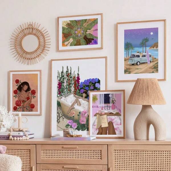 1pc Colorful Girl Flower Book Sea Beach Car Wall Art Canvas Painting Posters Hotel Bar Living Room Gifts Decor Optional Frame