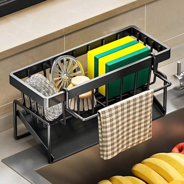 Support de rangement pour évier de cuisine, panier de rangement pour éponges avec bac de drainage automatique, support pour éponges, support de rangement en acier inoxydable sans perçage