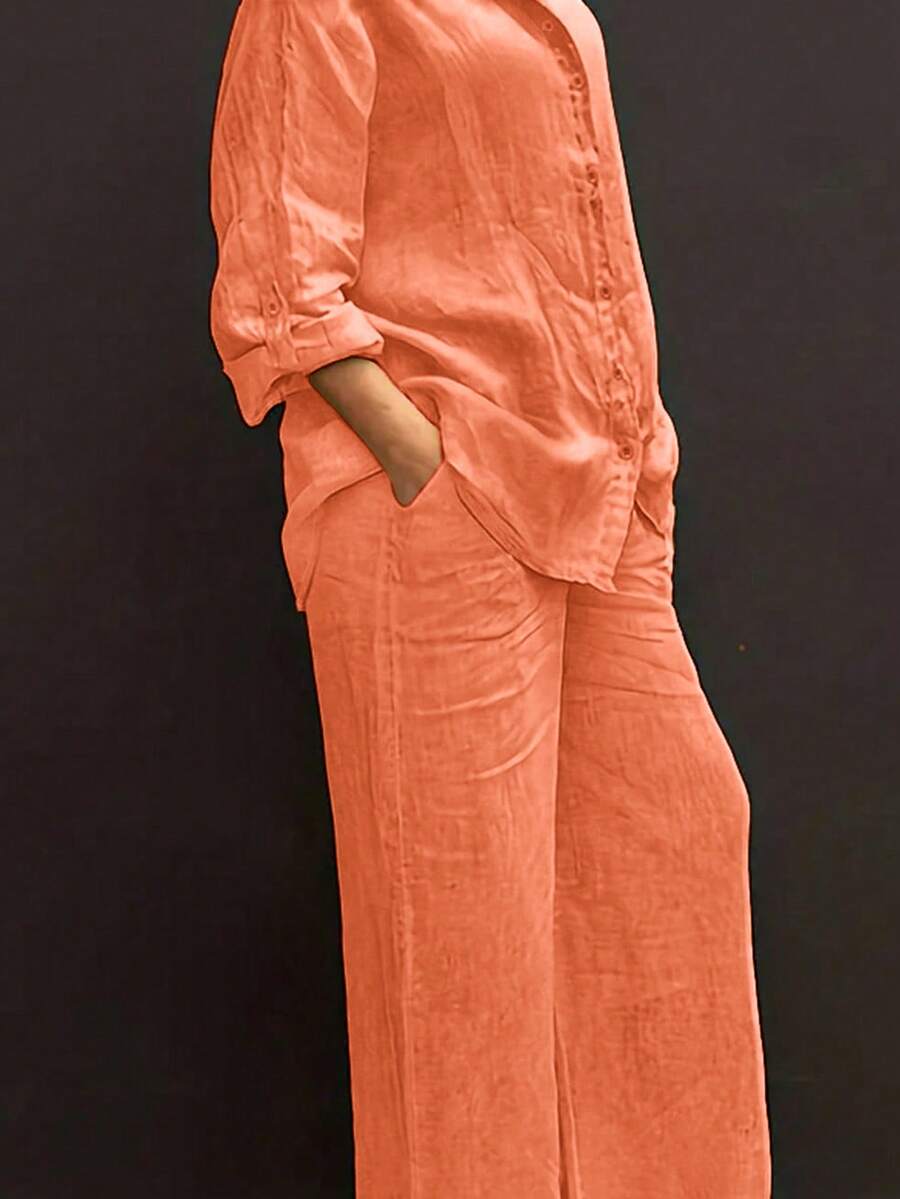 Áo khoác cardigan cổ polo nhẹ, kiểu dáng thanh lịch, màu trơn, phù hợp cho đi biển, mặc hàng ngày, đi làm, đi mua sắm, chất liệu mềm mại và thoải mái, quần ống rộng cạp chun, bộ 2 món, thích hợp cho mùa xuân/hè/thu. - trái cam - Xem 1