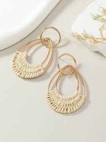 1 Pair Bohemian Style Resort Rattan Round Earrings In Ivory White, Fuchsia, And Orange, Hand-Woven, Fashionable For Women, Suitable For Daily Wear