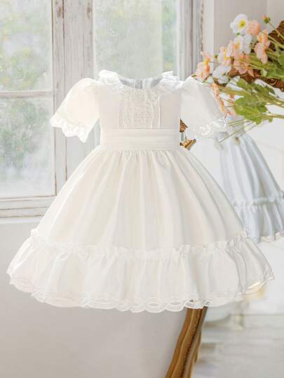 Young Girls White Short Sleeve Satin Patchwork Princess Dress, Suitable For Party