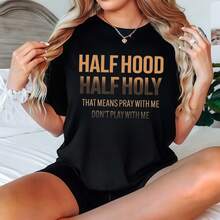 Women's Black Short Sleeve-Shirt With Half Hood Half Holy Print Casual Wear - 黑色 - 查看 1