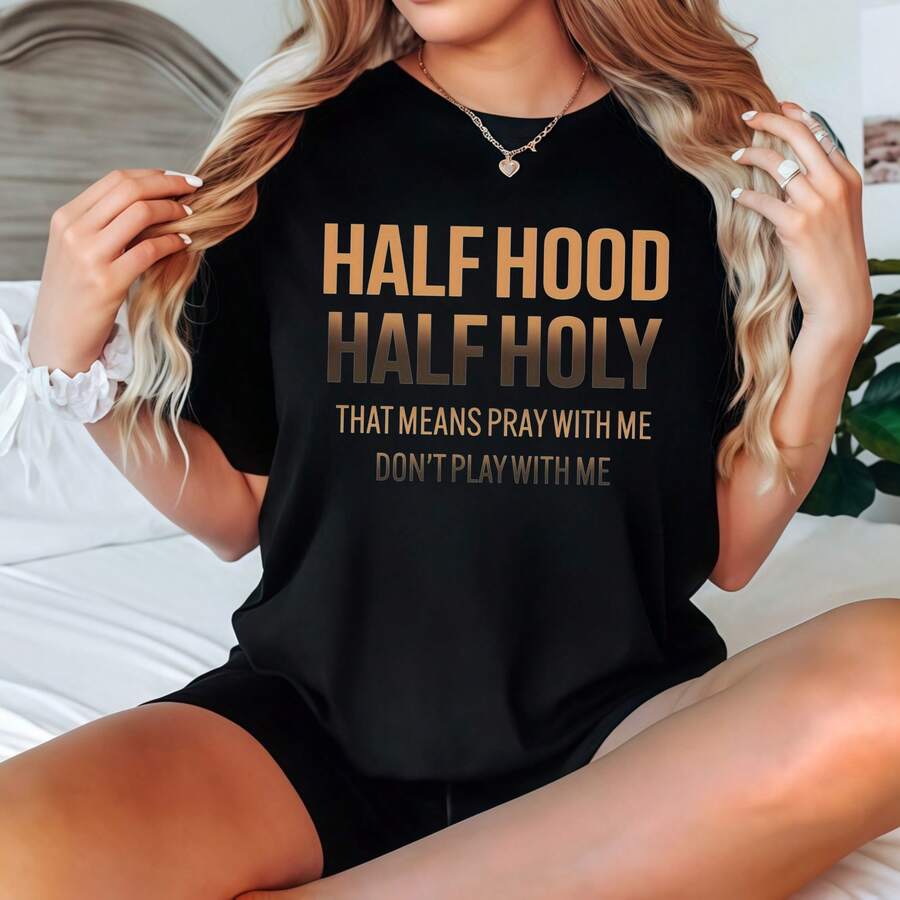 Women's Black Short Sleeve-Shirt With Half Hood Half Holy Print Casual Wear - 黑色 - 查看 1