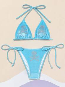 Womens Bikini Swimsuits Sequined Skull Pattern Halter Tops With Thong 2 Pcs Set Stylish Bikini Bathing Suit - Blue - View 5