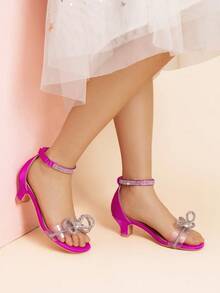 Girls Sandals Rhinestones Buckle Ankle Strap Square Toe Low Heel Bow Flower Dress Shoes - Màu đỏ tím - Xem 2