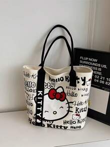 Sanrio 1 Stück Hello Kitty Kosmetiktasche Damen Große Kapazität Einkaufstasche, Reise-Schultertasche, Große Kapazität wiederverwendbare Einkaufstasche faltbar, Damen Segeltuch Tragetasche mit Uhrenarmband - Reißverschluss, Polyester Futter