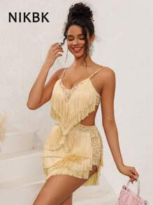 NIKBK Vestidos cortos de cóctel para mujer con tirantes de espagueti, escote en V, sexy, con strass y flecos, corpiño discreto