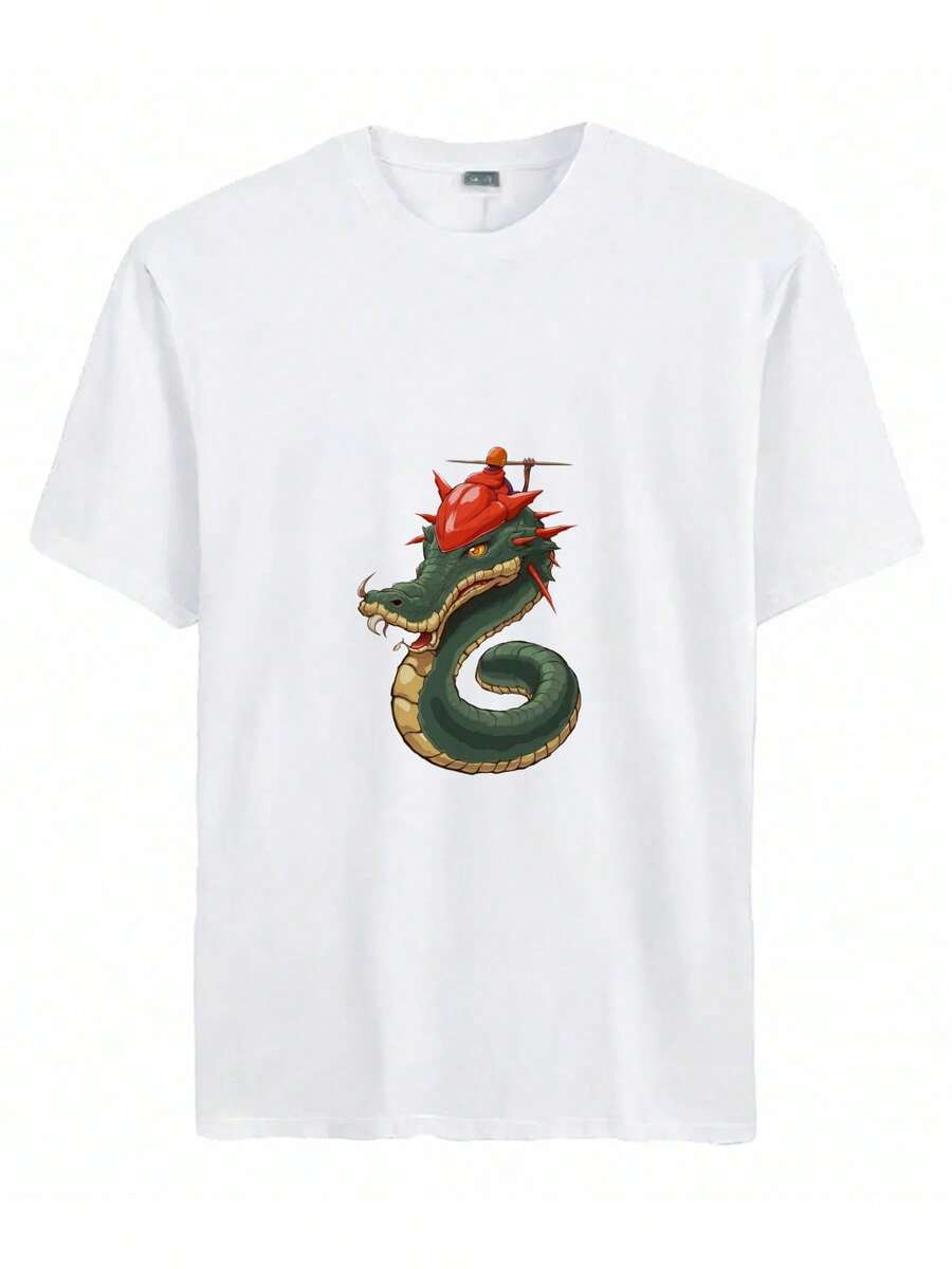 Summer New Casual Men's Short Sleeve T-Shirt- Fierce Green Snake-Like Creature With Sharp Teeth And Yellow Eyes, Depicted In A Cartoonish Style - White - View 1