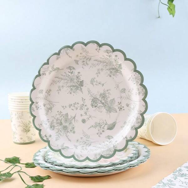 10pcs/20pcs/50pcs,Green Flower Birthday Party Decorations Supply 10 Pts Disposable Green White Plates And Napkins Cup Tableware Set For Bridal Bath Wedding Tea Party Birthday Christmas Party Decorations