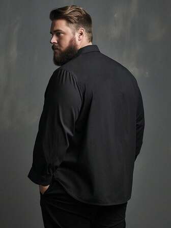 Camisa de manga larga para hombres de talla grande, camisa negra de botones, chaqueta casual de unicolor de moda para hombres altos y grandes, para el otoño