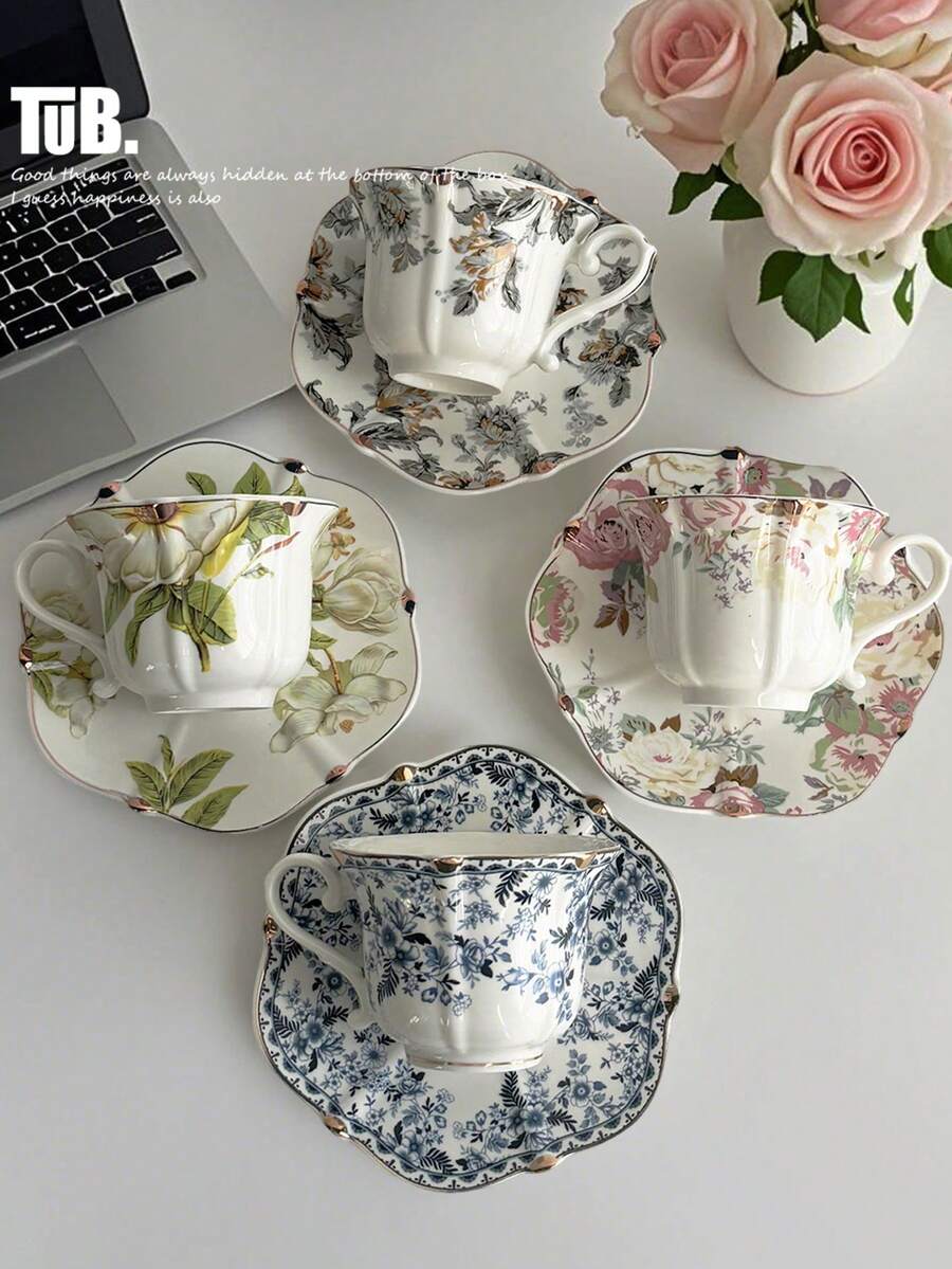 European Style Cup And Saucer Set With Vintage Golden Design, Luxury English Tea Cup & Saucer Sets For Afternoon Tea, Ceramic Tea Set For Palace, Housewarming, Gift, Party