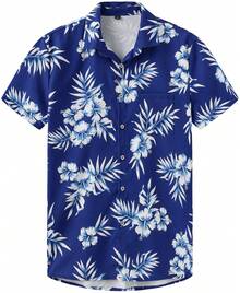 Men's & Women's Hawaiian Shirt - Flower&Coconut Leaves Print Short Sleeve Button-Up, Soft Breathable Fabric, Machine Washable, Regular Fit Casual Beach Vacation Shirt For Adults, Summer Apparel Buttons Casual Shirts - Màu xanh lam - Xem 1
