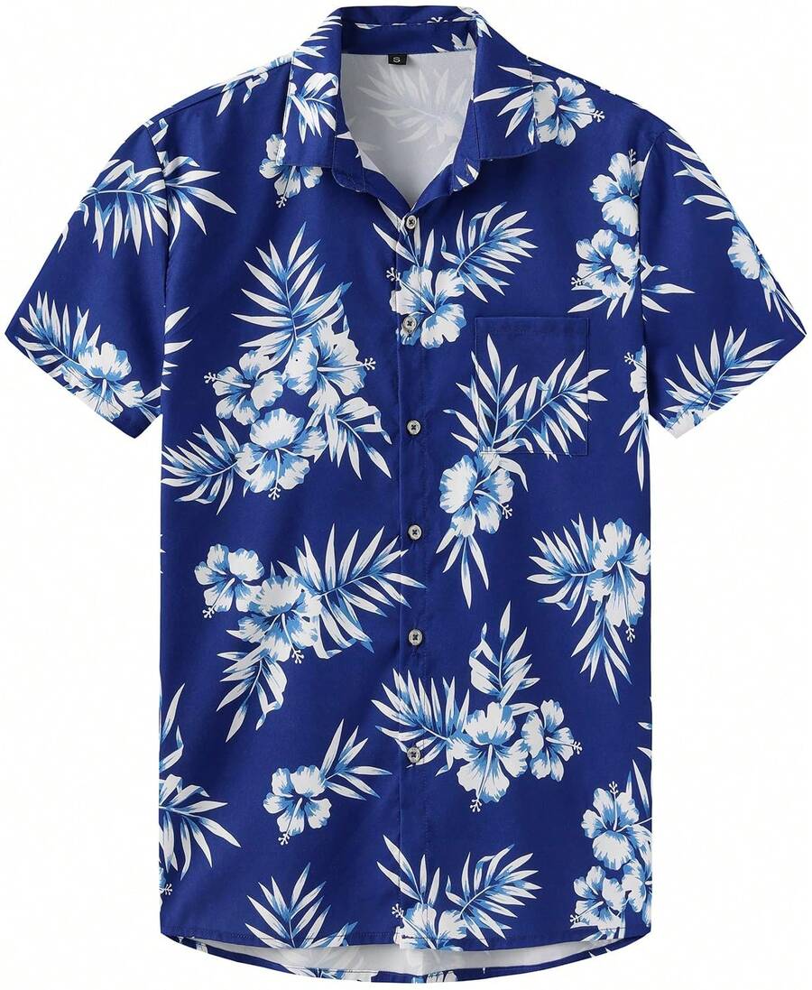 Men's & Women's Hawaiian Shirt - Flower&Coconut Leaves Print Short Sleeve Button-Up, Soft Breathable Fabric, Machine Washable, Regular Fit Casual Beach Vacation Shirt For Adults, Summer Apparel Buttons Casual Shirts - Màu xanh lam - Xem 1