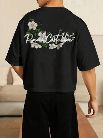 Lonblece Men's Hand-Drawn Embroidered Print Short Sleeve T-Shirt, Suitable For Spring & Summer