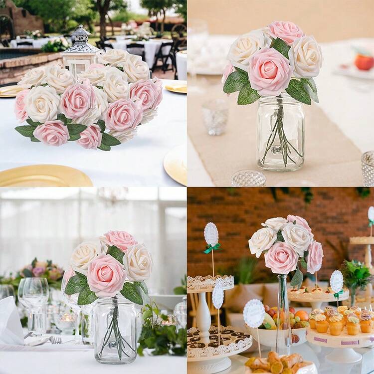25 künstliche Rosen in Geschenkbox, künstliche Rosen für Hochzeitssträuße, Brautparty, Party, Heimdekoration - Pink - Übersicht 3
