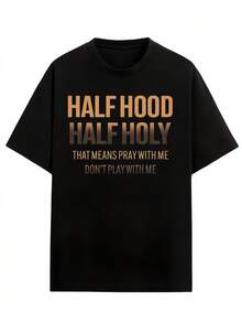 Women's Black Short Sleeve-Shirt With Half Hood Half Holy Print Casual Wear - 黑色 - 查看 4