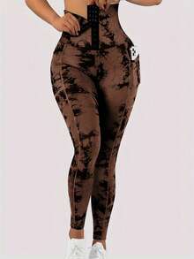 Women's Sport Casual High Cinched Waist-Dye Cinched Waist Button Pocket Leggings, Workout Running Fitness Pants, New Spring/Summer Elastic Skinny Yoga Tights - 棕色 - 查看 1