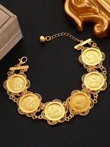 1 pieza Pulsera de mujer de cadena con moneda circular, ambiente festivo y elegante, adecuado para uso diario, fiesta y eventos