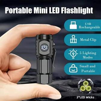 1 ST Krachtige 3 * lonten kleine zaklamp draagbare mini LED-zaklamp USB oplaadbare sterke lichtlantaarn 5 verlichtingsmodi ingebouwde batterij super heldere kapklemlamp voor wandelen kamperen vissen hardlopen werk auto buiten noodgevallen zelfverdediging