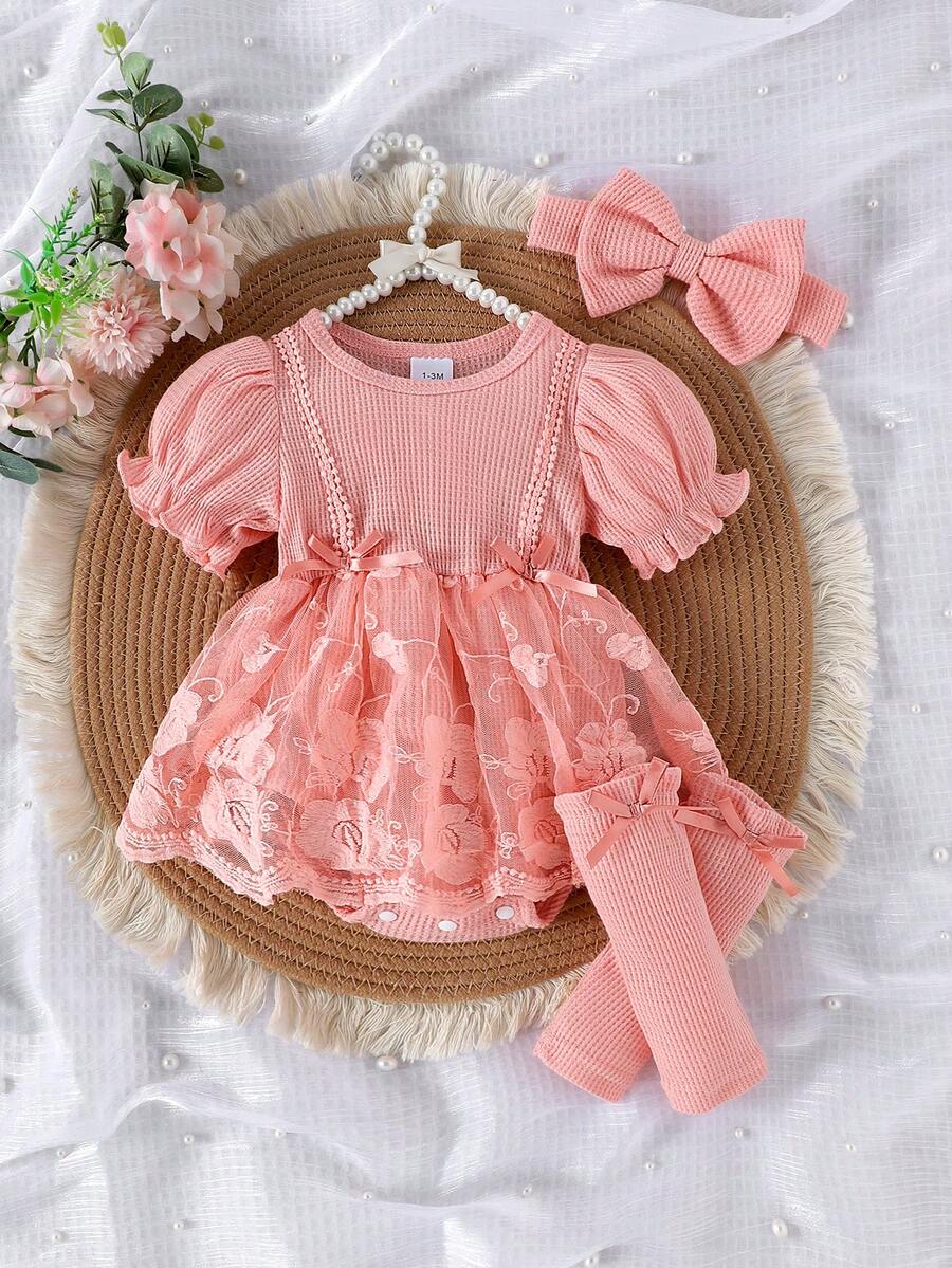 1pc Infant Girls Cute Short Sleeve Lace Mesh Ruffle Hem Bodysuit, Lightweight Summer - Pink - View 1