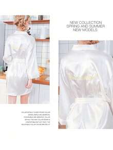 1pc Women Bride Morning Robe, Spring Summer Wedding Sleepwear, Bridal Satin Robe, Sexy Loungewear Back To School - White - View 5