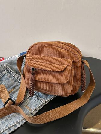 Bolso de hombro/bandolera casual con cremallera, de diseño de moda y minimalista con múltiples bolsillos, de pana, para uso diario de las mujeres