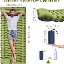 Outdoor Camping Sleeping Pad With Pillow, Ultra Light Inflatable Mattress, Built-In Foot Pump, Nylon Fabric, Suitable For Backpacking, Hiking, Tent Use, Camping Essentials - Army Green - View 4