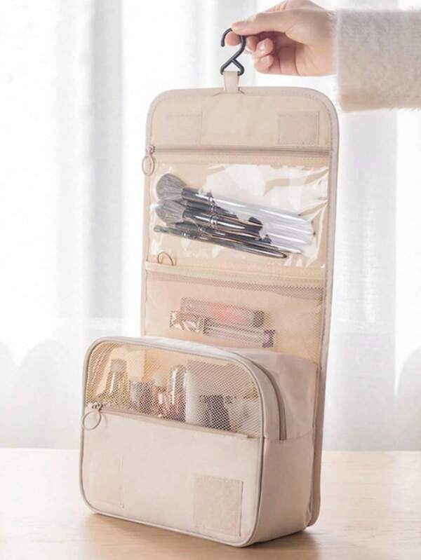 1 peça de bolsa de higiene pessoal portátil com gancho para pendurar, bolsa de maquiagem dobrável, bolsa organizadora de viagem multifuncional com alça, adequada para utensílios de cosméticos, banheiro, viagem, dormitório, material de nylon, unissex, pode ser um presente para mães, essencial para dormitório, viagem, praia, acessórios essenciais para viagem de carro, férias, férias de verão, volta às aulas
