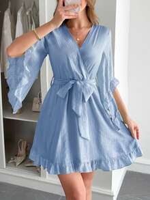 PoPoHouse 女士夏季连衣裙，透气舒适，轻盈飘逸，印花图案，荷叶边下摆和喇叭袖设计，配有腰带，适合日常通勤、度假穿着，优雅时尚，女士春夏沙滩裙 - 藍色 - 查看 6