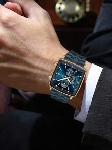 VA VA VOOM 1 PEÇA Relógio Masculino 2025 Novo Quadrado Multifuncional Movimento de Quartzo Relógio de Luxo com Cronômetro Pulseira de Aço Inoxidável Marca VA VA VOOM Original Calendário Luz Noturna Relógio Dourado & Prata & Azul & Preto Simulado Negócio Lazer Esporte Presente Relógio de Pulso