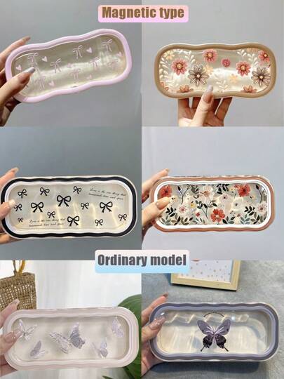 1pc Flower Butterfly And Bow Pattern Full Frame Glasses Case, Transparent Portable Pressure-Proof Glasses Frame, Men's And Women's Fashion Glasses And Jewelry Storage Box, Plastic Material, Magnetic Opening And Closing, Large Space Suitable For All Kinds Of Sunglasses, Ideal Storage Supplies