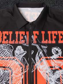 Spring/Summer Men's Fashionable Street Style Black And Red Print Short Sleeve Shirt - Black - View 4