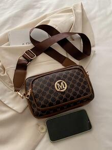 时尚简约几何图案M号五金装饰方形包，女士多功能腋下斜挎包，适合购物、钱包、逛街、年轻女性、大学生、新人、白领。非常适合办公室、大学、工作、商务、通勤、户外活动、旅行和短途旅行。 - 咖啡棕 - 查看 4